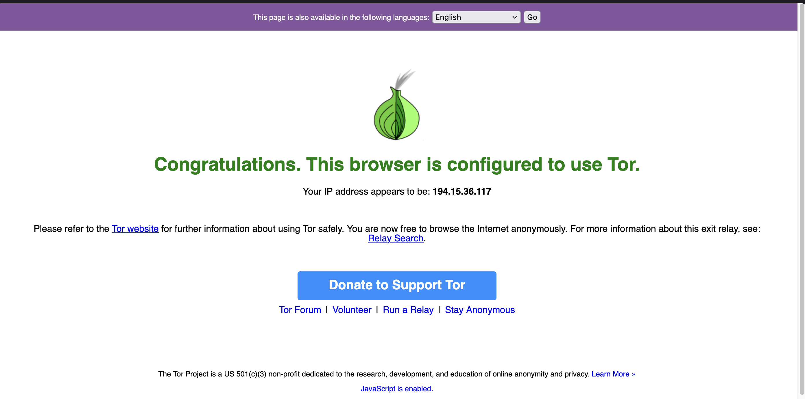 Tor Project connection check confirming the browser is using Tor